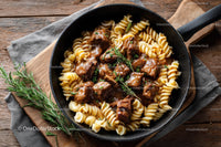 Hearty Beef and Cherry Tomato Pasta in Rustic Skillet