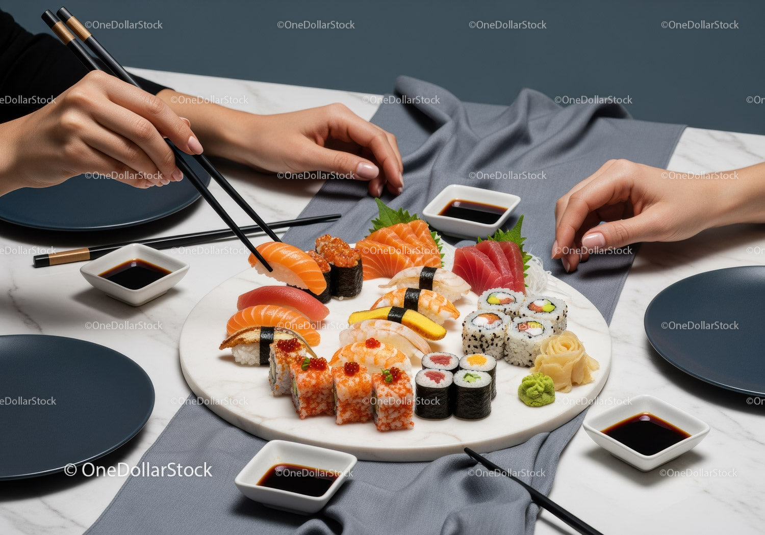 Assorted Sushi Platter with Fresh Fish and Seaweed Maki Rolls