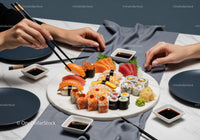 Assorted Sushi Platter with Fresh Fish and Seaweed Maki Rolls