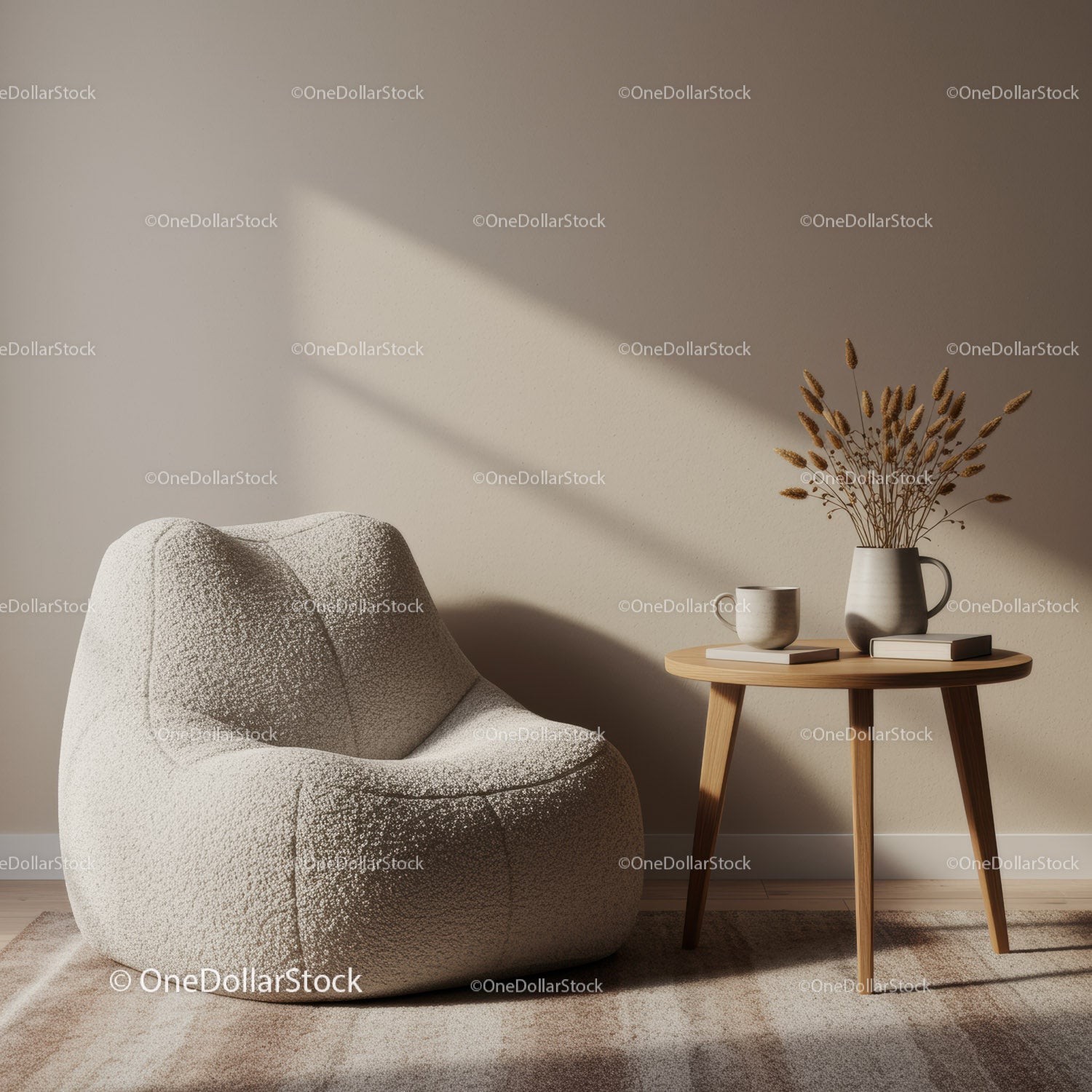Cozy textured armchair next to wooden side table