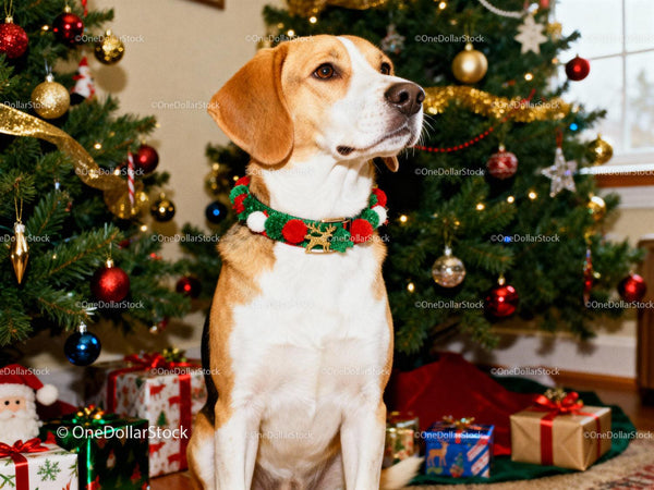 Beagle w świątecznej obroży przy udekorowanych choinkach