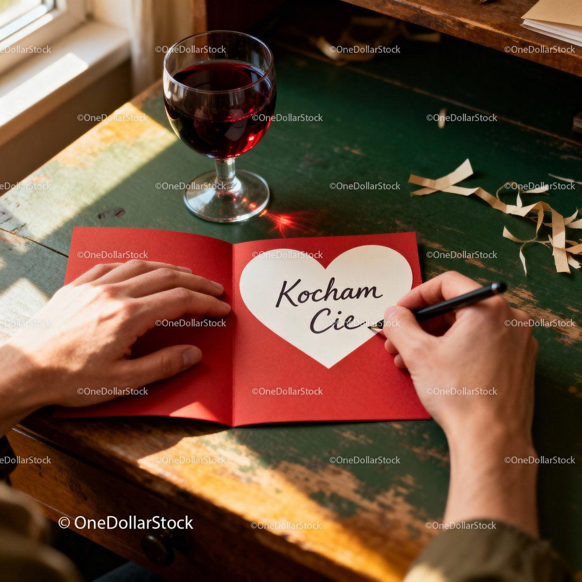 Man Handwriting Romantic Love Note with Glass of Red Wine