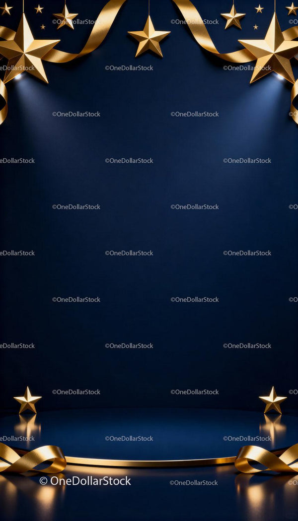 Elegant gold stars and ribbons on dark blue background
