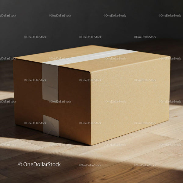 Closed cardboard box taped on wooden floor with shadows JPG Mockup Image