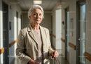 Senior Woman in Hospital Corridor with Confident Expression