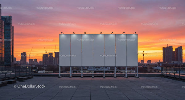Empty Rooftop Billboard Against Vibrant Sunset City Skyline JPG Mockup Image