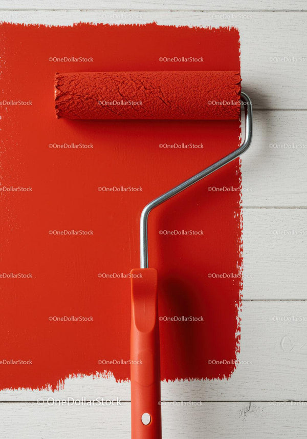 Red Paint Rollers and Wall Painting Scene with Home Decor