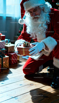 Santa Claus carefully holding a wrapped Christmas gift