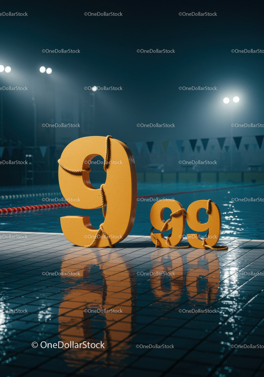 Large yellow lifeguard number nine beside pool at night
