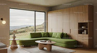Modern living room with green sofa and scenic window view