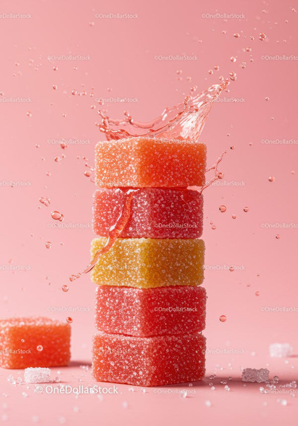 Stack of colorful sugar-coated gummy candies with splash