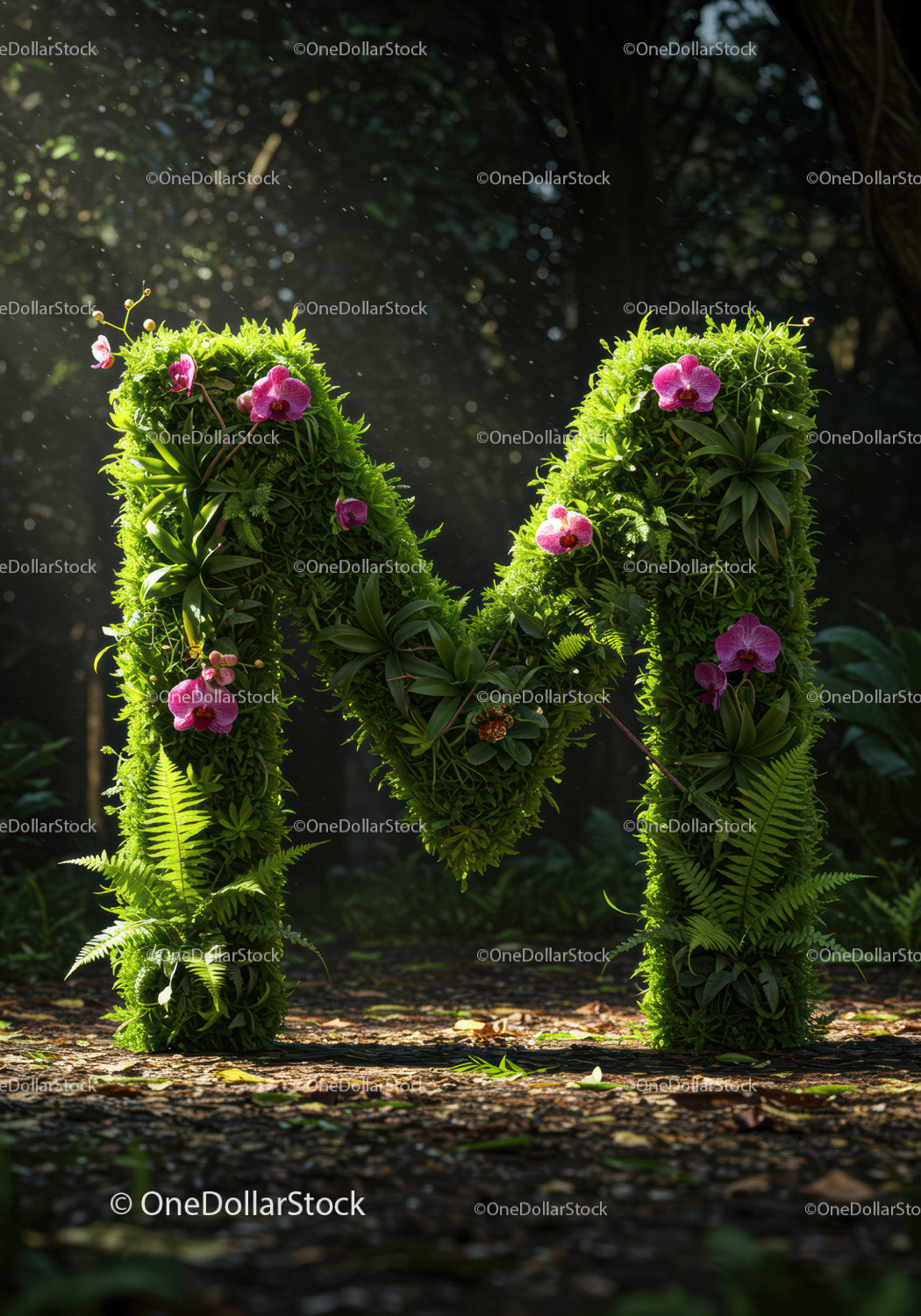 Litera M utworzona przez bujną zieleń i różowe orchidee