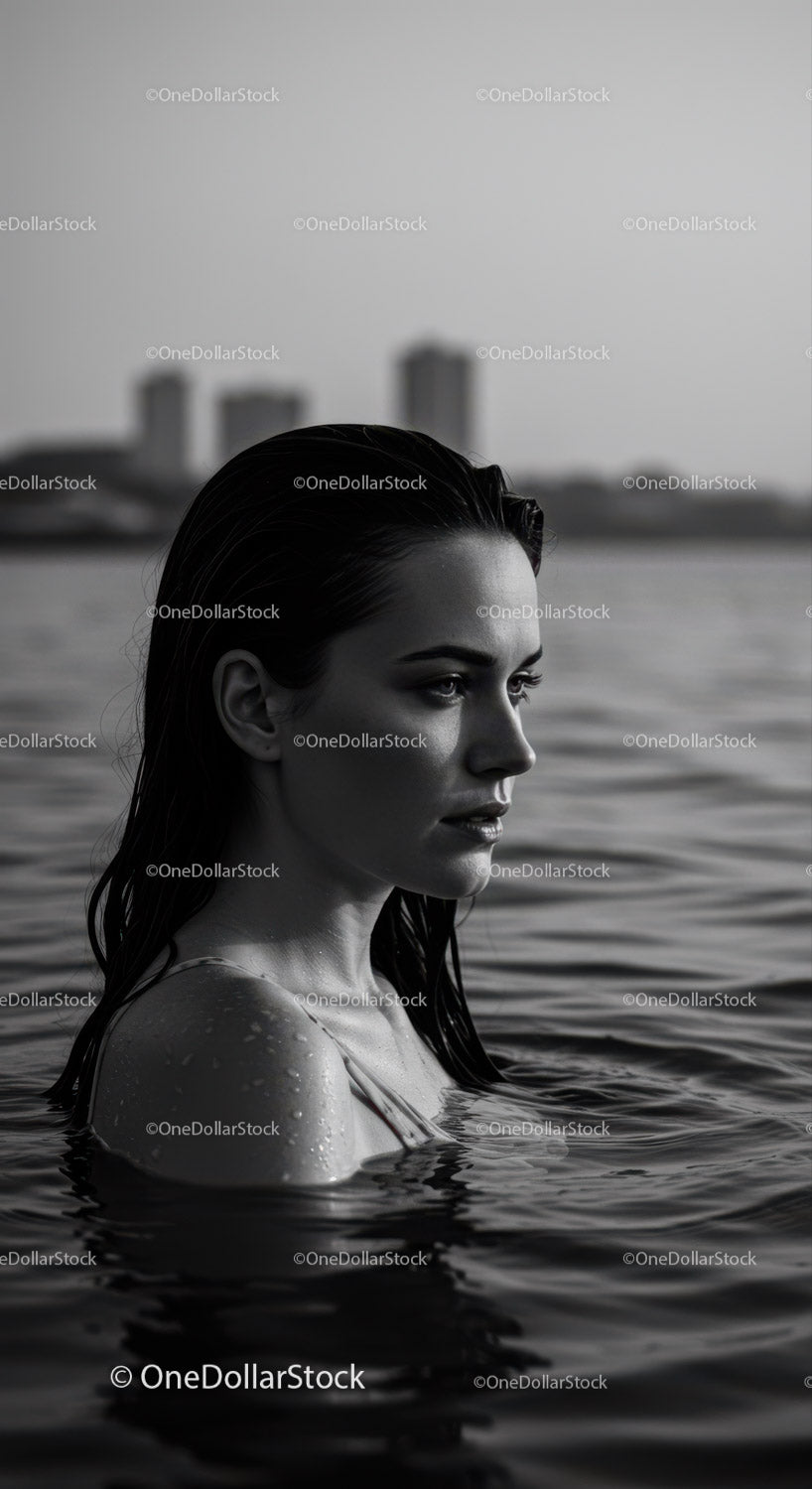 Serene Female Portrait in Water with Urban Background