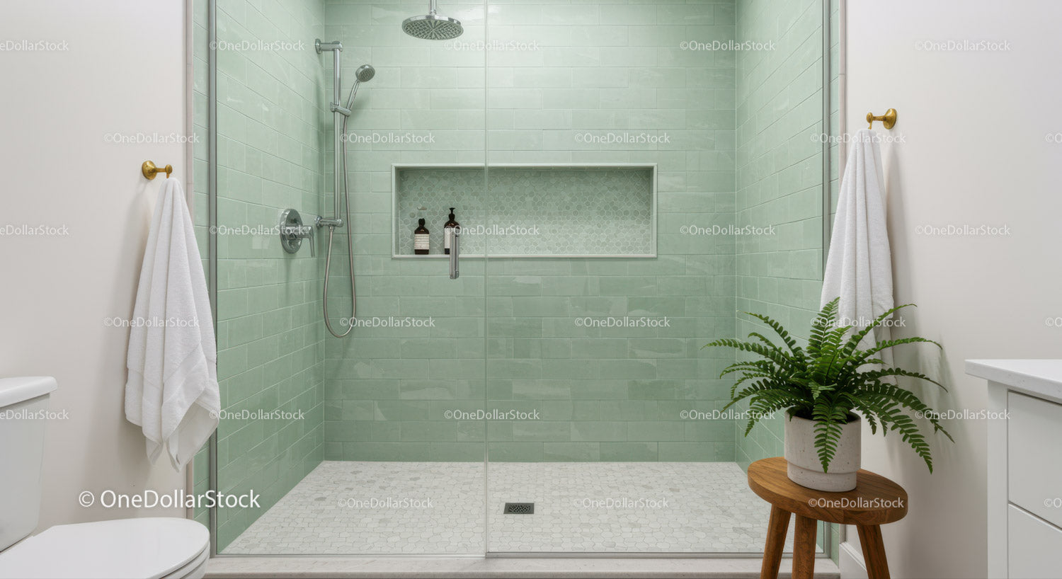 Modern walk in shower with green tiles and plant