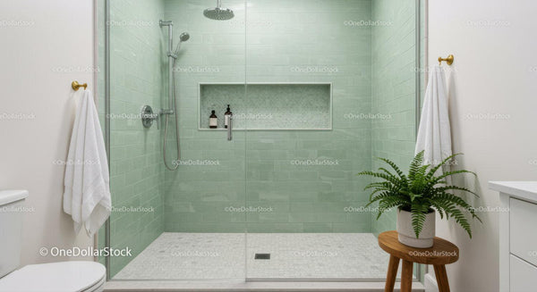 Modern walk in shower with green tiles and plant