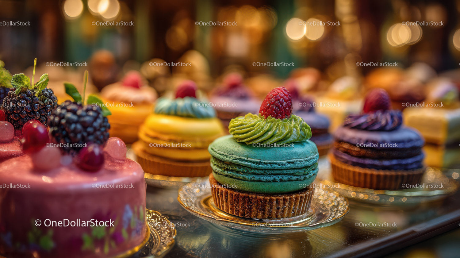 Colorful Macarons and Fruit Garnished Cakes on Elegant Dessert Display