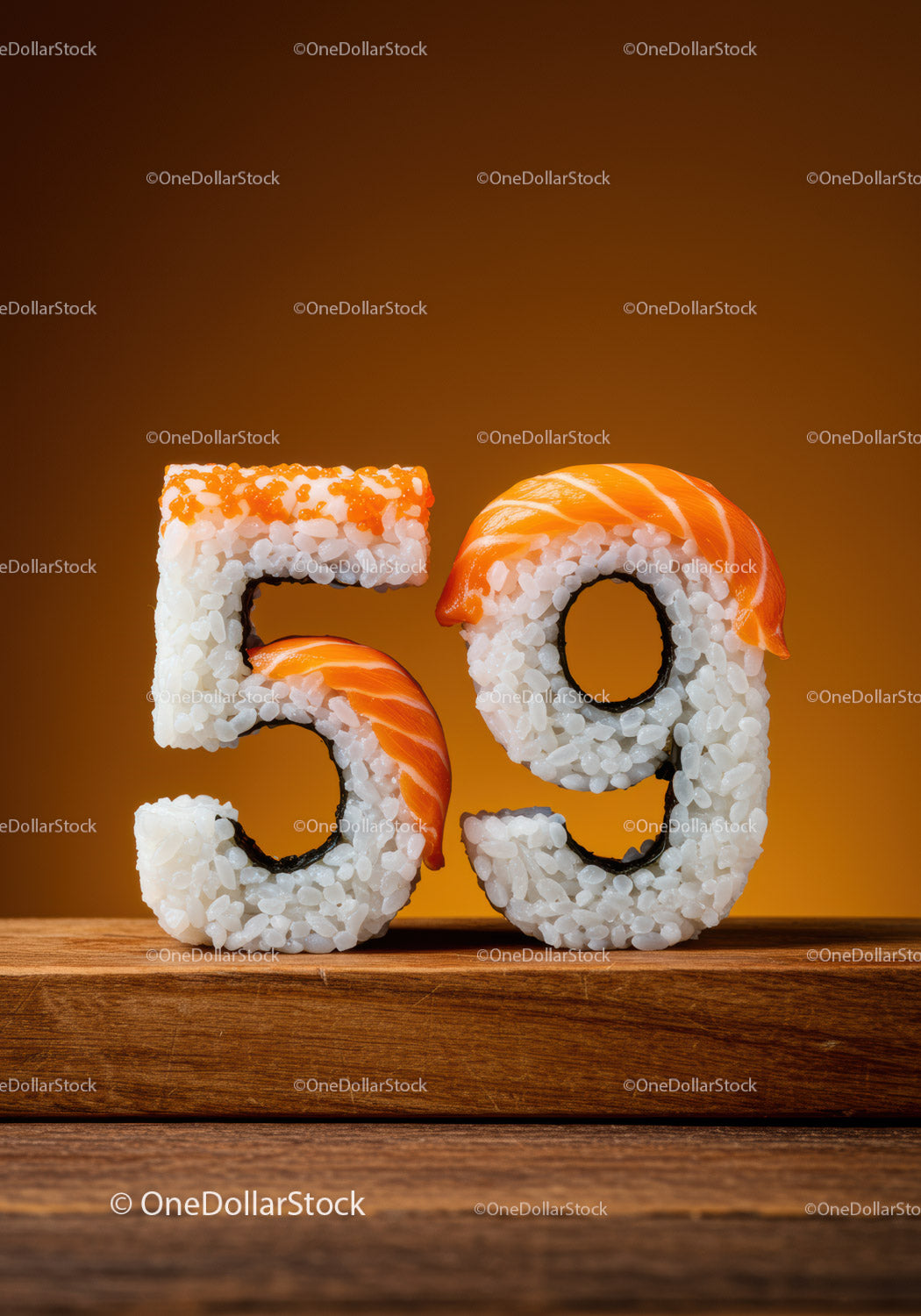 Creative Sushi Numbers Fifty Nine on Wooden Surface