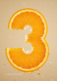 Orange Slice Shaped Like Number Three With Water Droplets