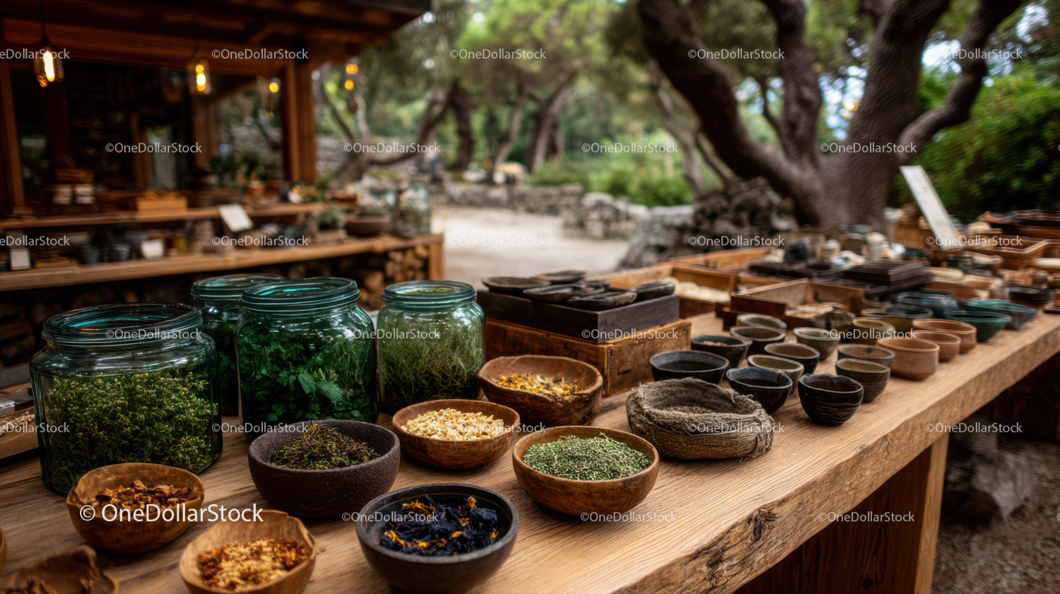 Herbal Remedies and Dried Flowers Display at Rustic Outdoor Market