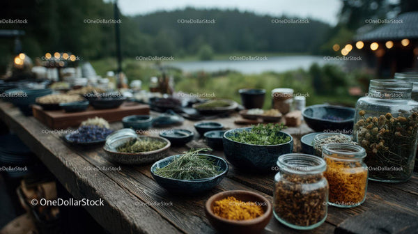 Herb and Spice Collection on Rustic Wooden Table Outdoors
