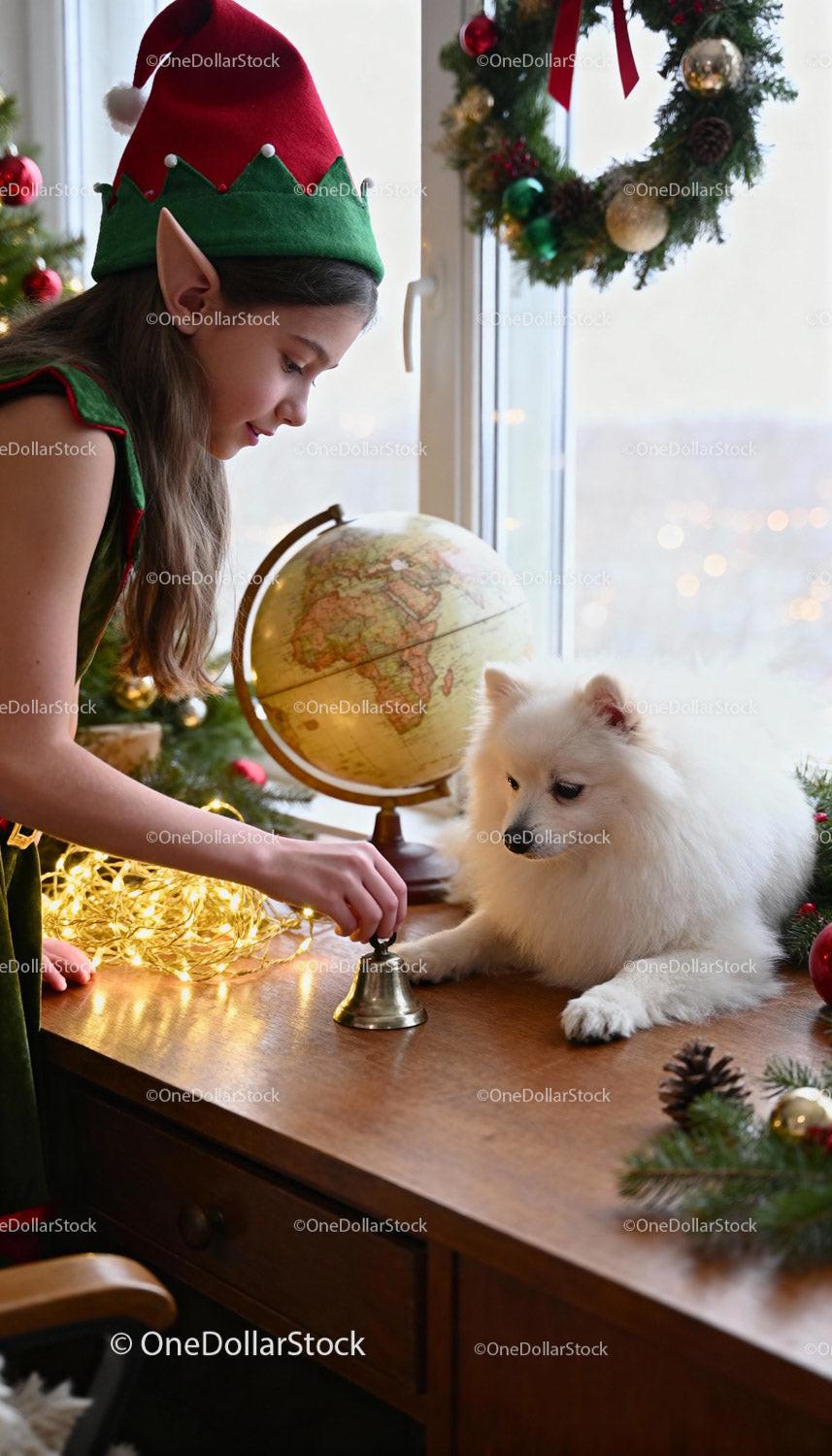 Young Girl in Elf Costume Rings Bell Next to White Dog