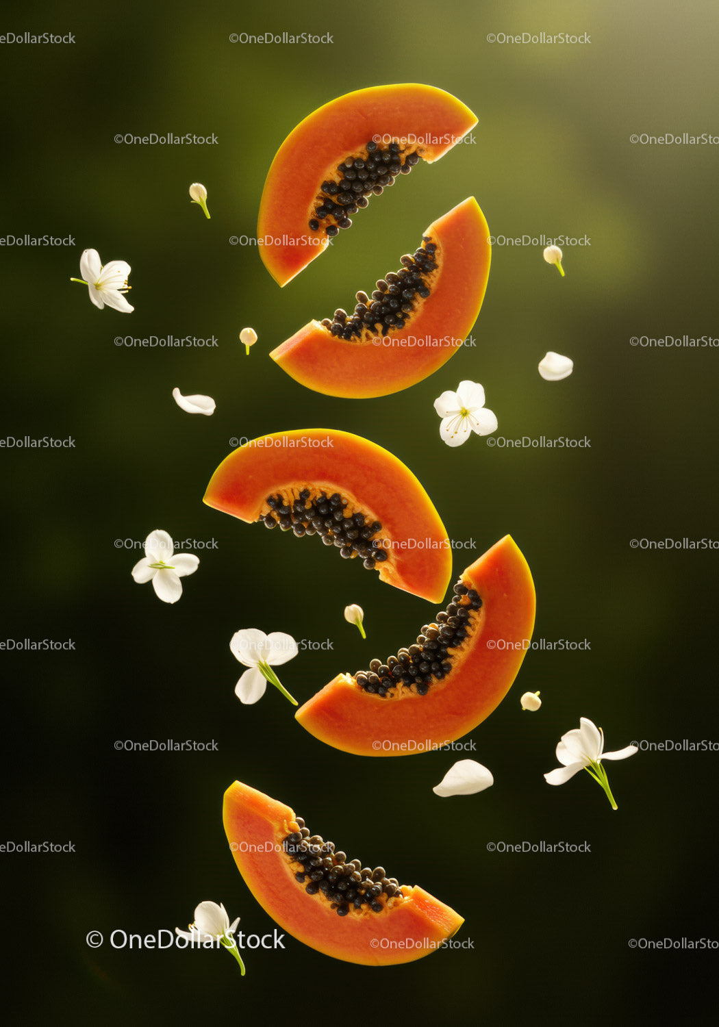 Fresh papaya slices floating with white flowers