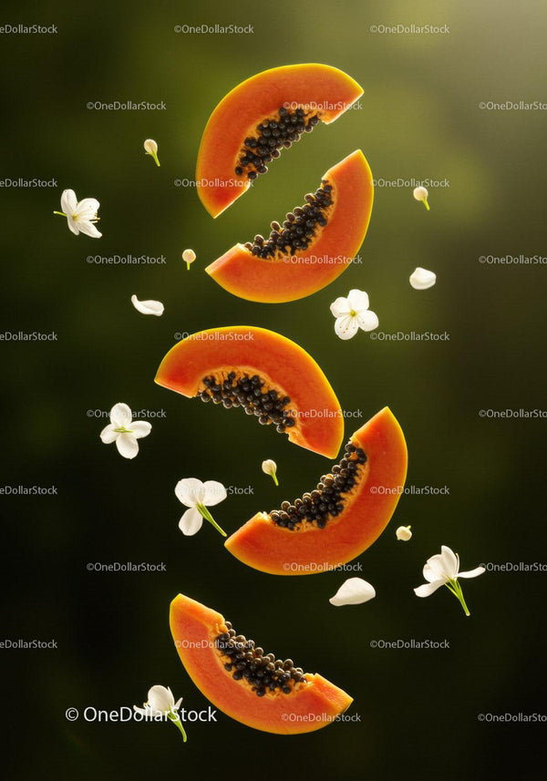 Fresh papaya slices floating with white flowers