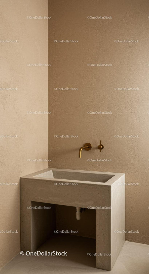 Modern Concrete Laundry Sink with Brass Wall-Mounted Tap in Neutral Utility Room