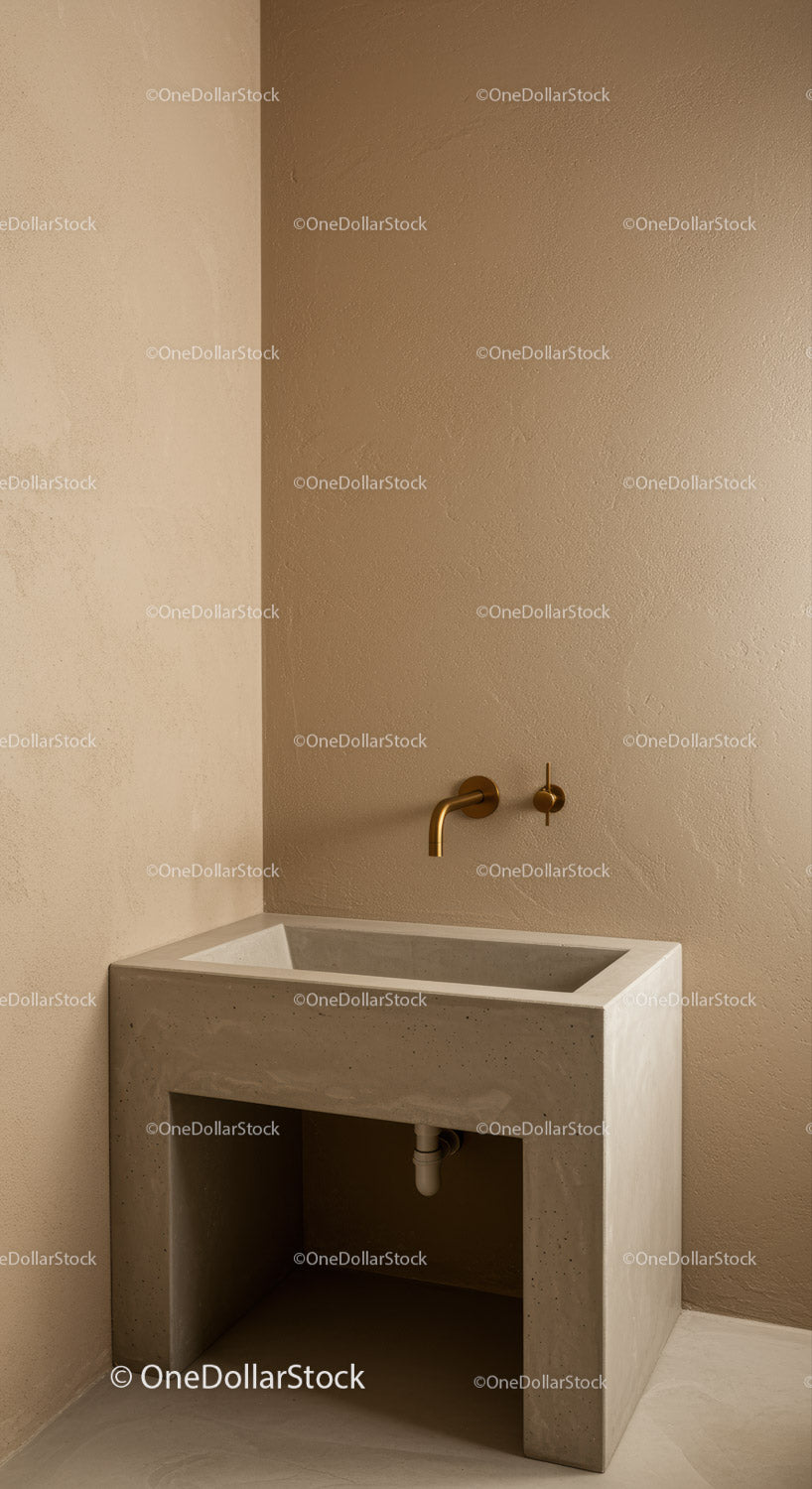 Modern Concrete Laundry Sink with Brass Wall-Mounted Tap in Neutral Utility Room