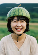 Smiling young woman wearing watermelon helmet outdoors