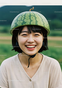 Smiling young woman wearing watermelon helmet outdoors