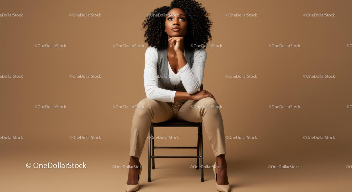 Stylish Confident Woman Sitting on Chair in Modern Studio