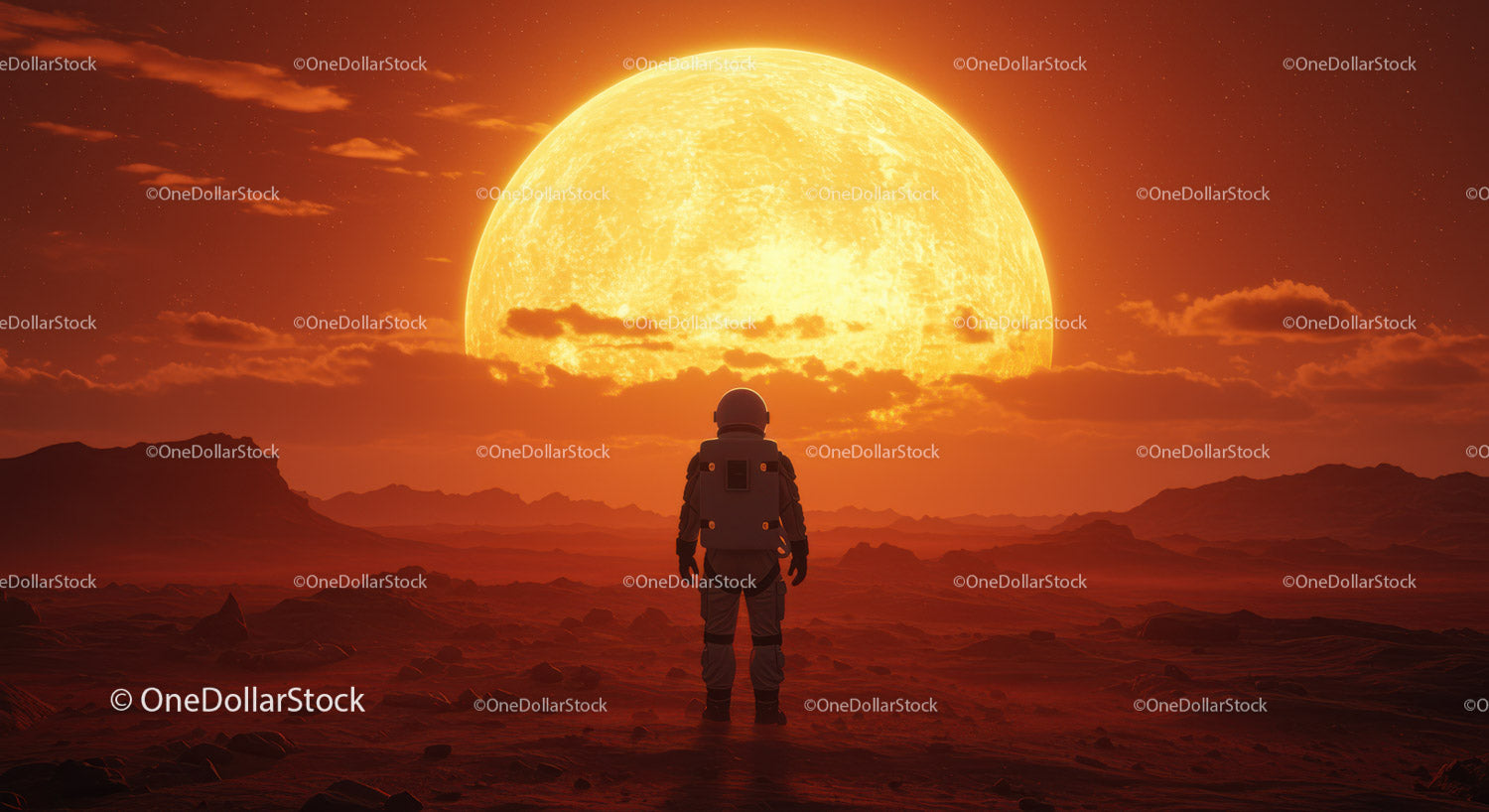 Astronaut Standing on Alien Planet with Large Sun Setting Behind