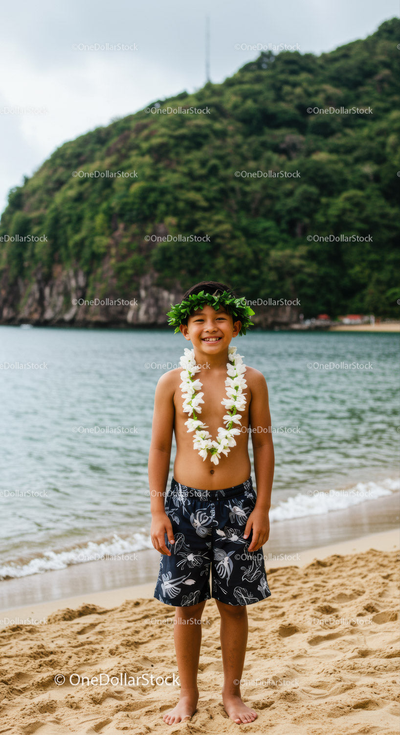 Child in Floral Lei and Green Leaf Crown Enjoying Tropical Beach Scene