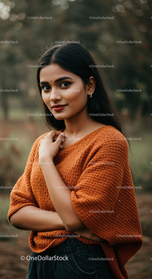 Elegant Woman in Warm Orange Sweater Outdoors During Autumn