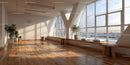 Bright Modern Sunlit Room with Large Windows and Wooden Floor