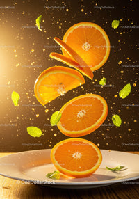 Fresh orange slices with mint leaves in dynamic splash