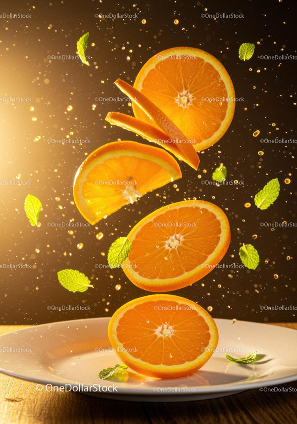 Fresh orange slices with mint leaves in dynamic splash