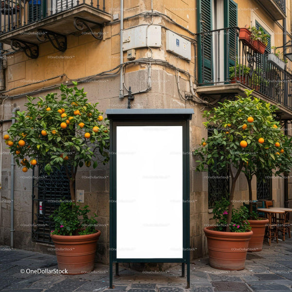 Blank urban billboard between citrus trees on street corner JPG Mockup Image