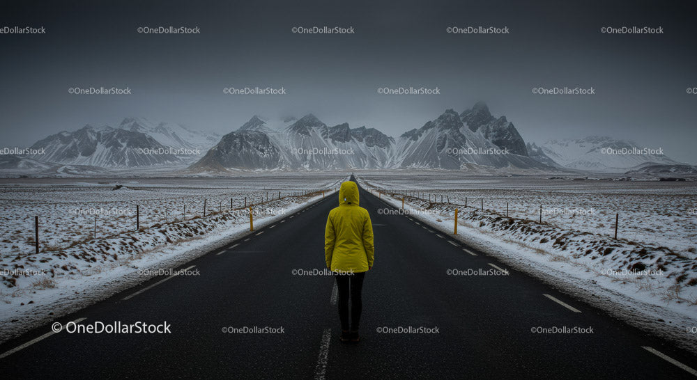 Lonely Traveler in Yellow Jacket on Snow-Covered Road