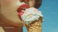 Close-up of a woman enjoying colorful ice cream cone in summer