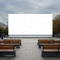 Empty Outdoor Seating Area Facing Blank Urban Billboard