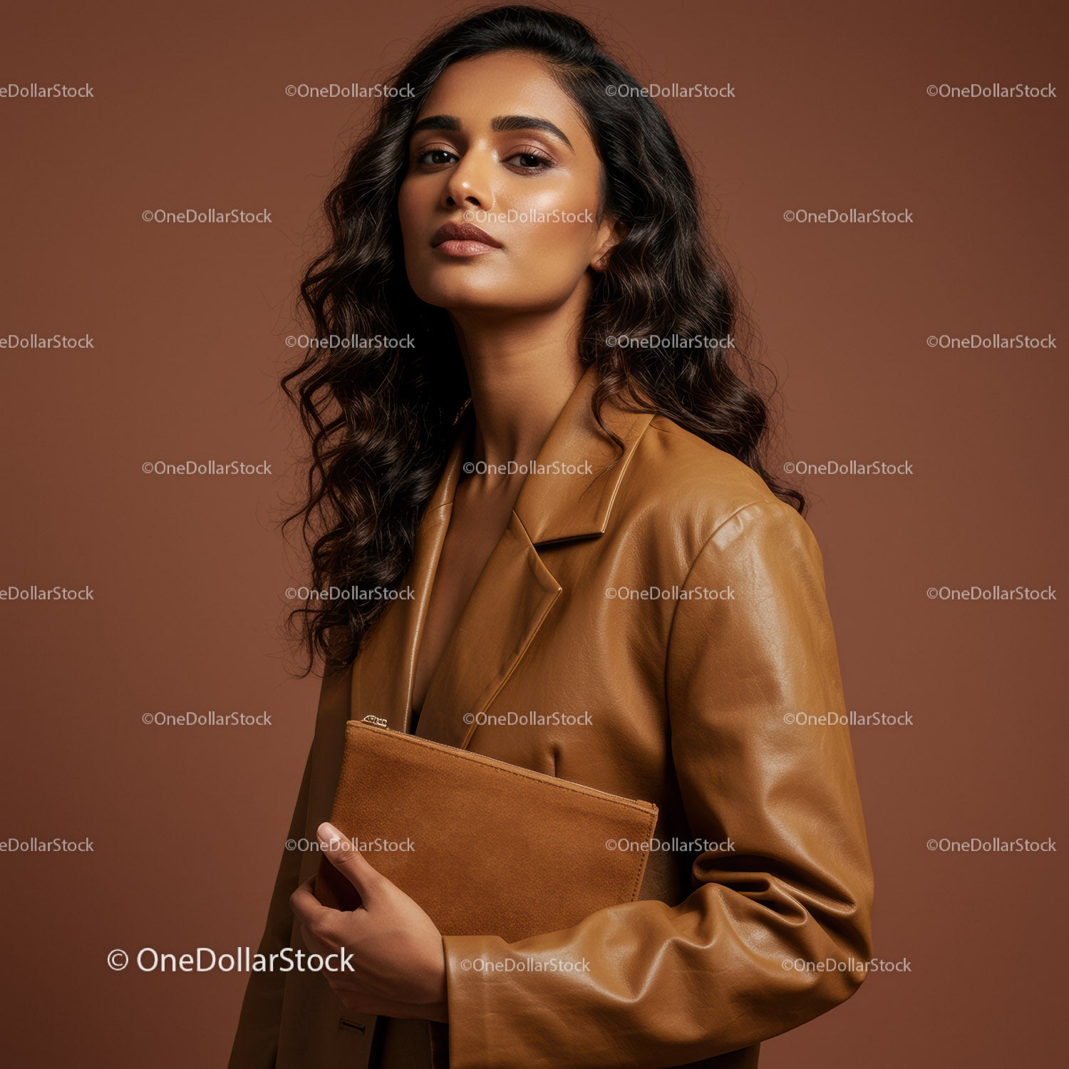 Beautiful Woman Wearing Brown Leather Jacket Holding Folder in Studio