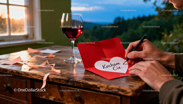 Writing heartfelt love note with glass of wine at sunset