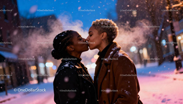 Couple sharing a tender kiss on snowy winter evening