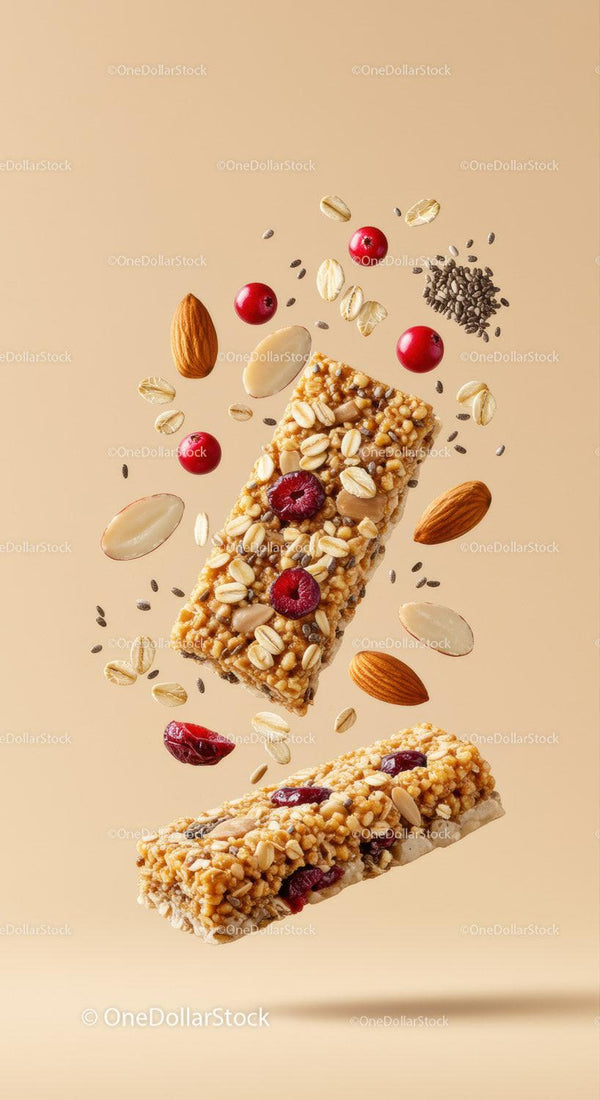 Floating granola bars with nuts and red berries