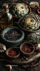 Fresh Artichokes and Spices in Rustic Kitchen Scene