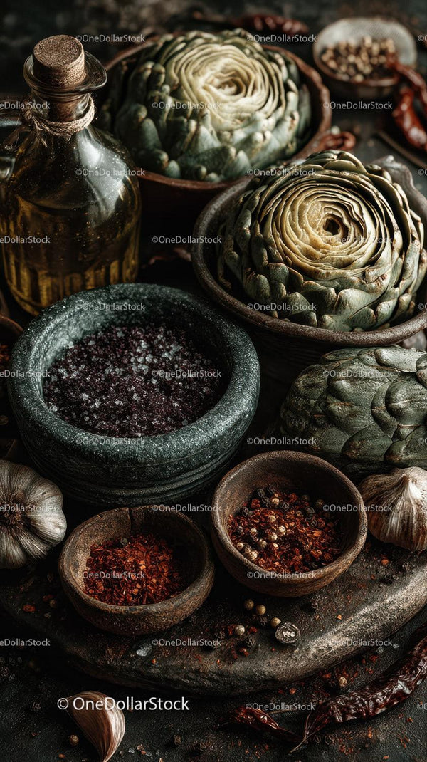 Fresh Artichokes and Spices in Rustic Kitchen Scene