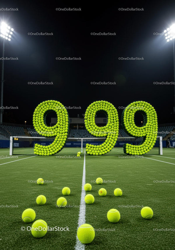 Piłki tenisowe układające liczbę 999 na nocnym korcie