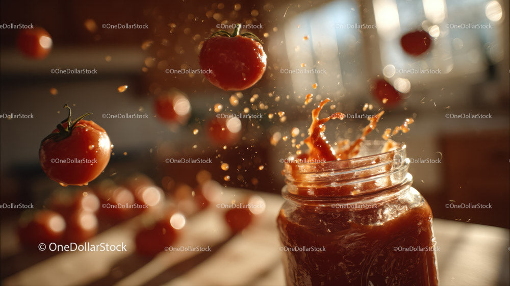 Vibrant Tomato Sauce Splash with Fresh Tomatoes in Background